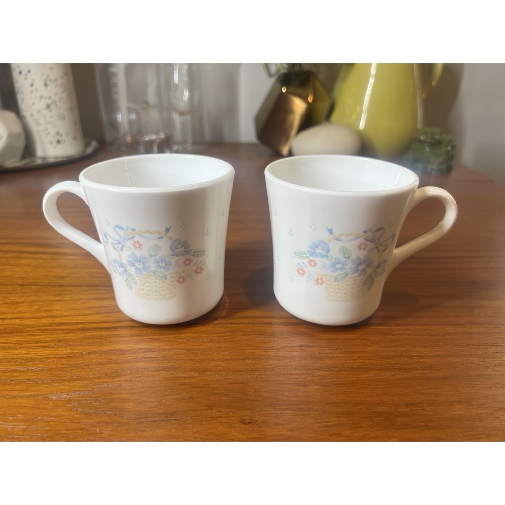 Vintage Corning Milk Glass Floral Mugs Set of 2 White Glossy USA Cottagecore